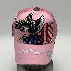 Ed Hardy Snapback Hat Mesh Trucker Embroidered American Bald Eagle and Flag Pink